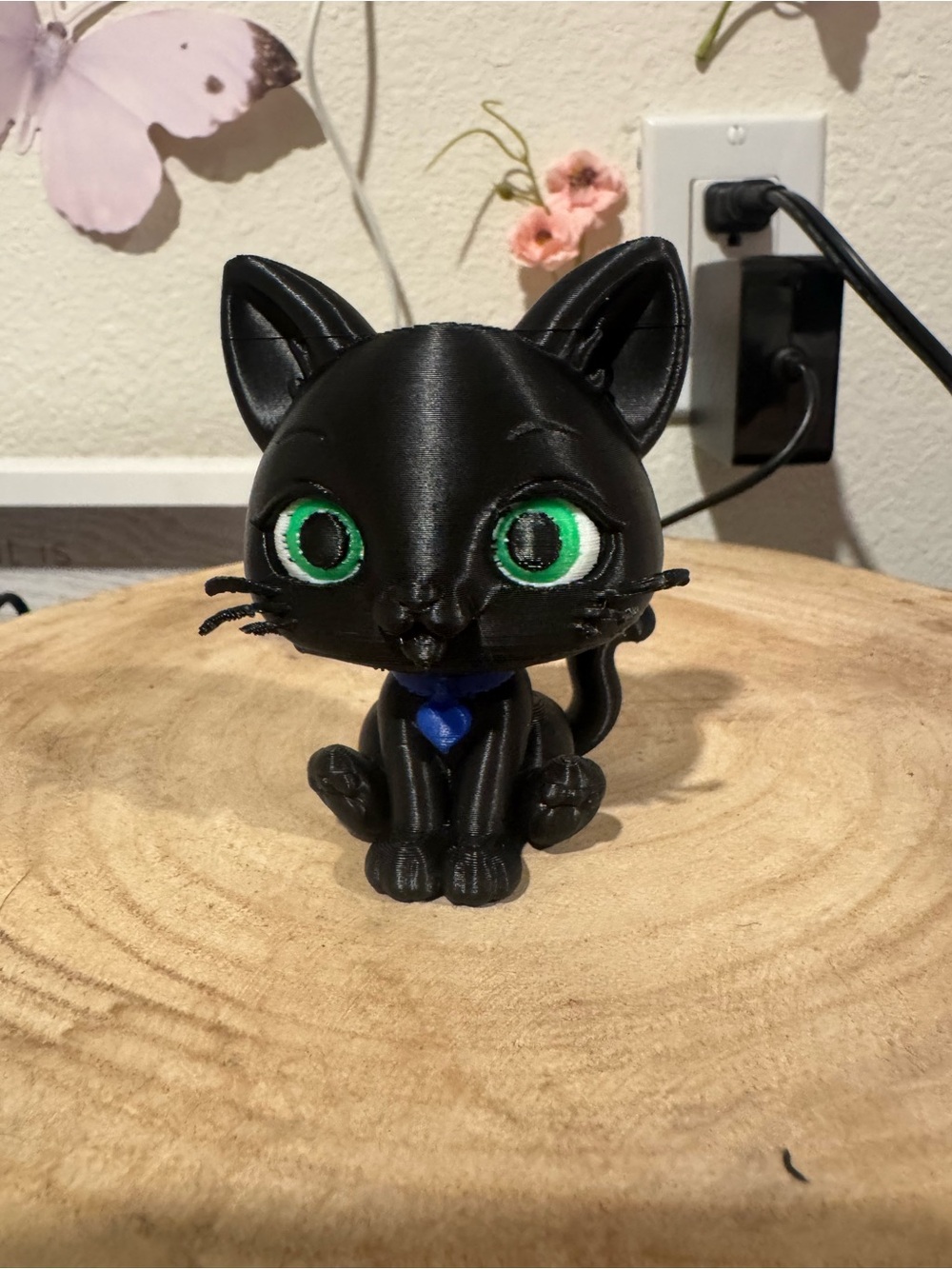 Black Cat Figurine with Green Eyes and Blue Collar - Pet Décor